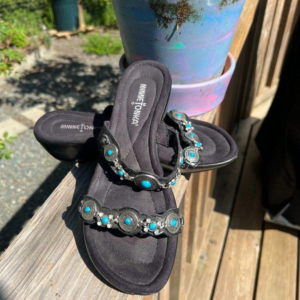 Gorgeous Black Leather Sandals with faux silver, turgoise and rhinestone accents